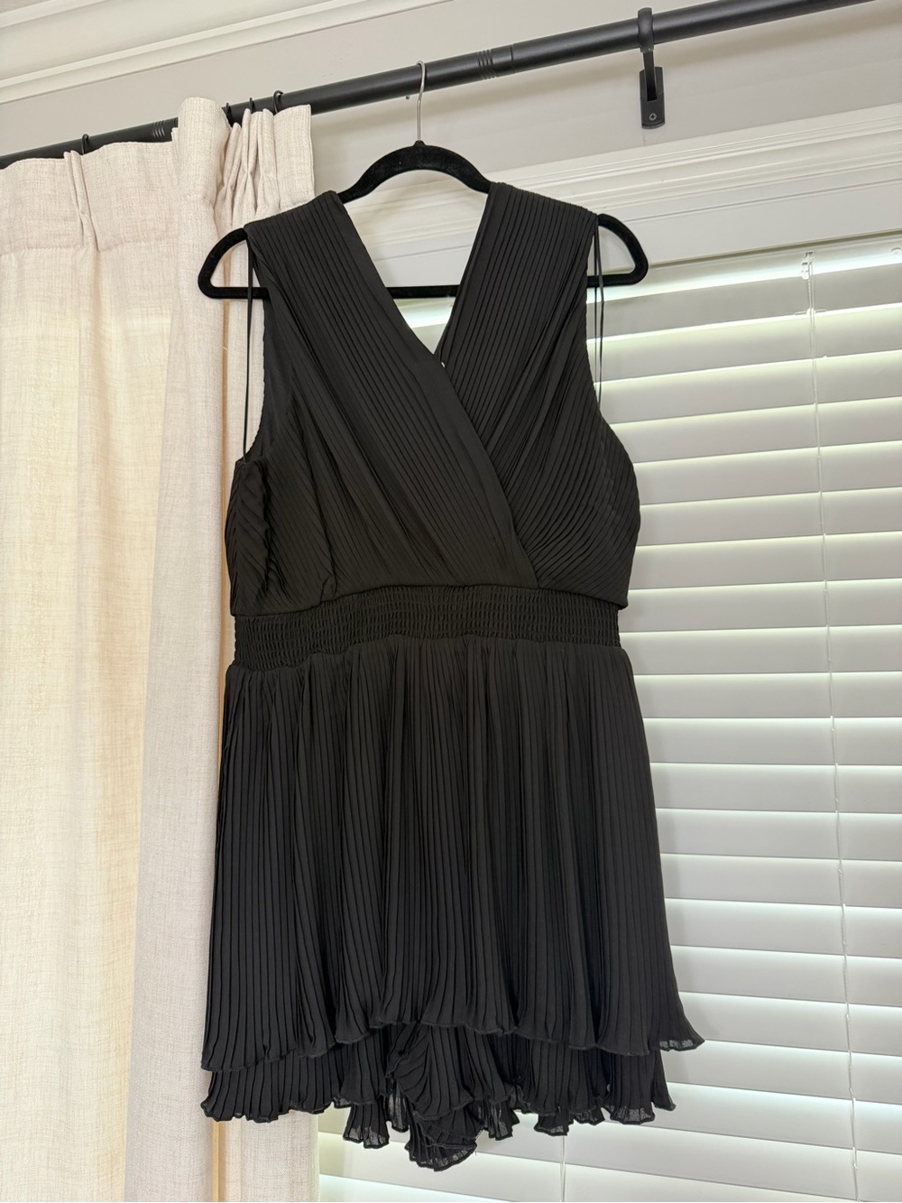 Black Pleated V-Neck Romper